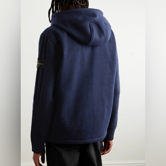 New Stone Island Logo Appliqued Wool Blend Hooded Jacket Blue Knit Sleeve Sz M - Picture 3 of 16